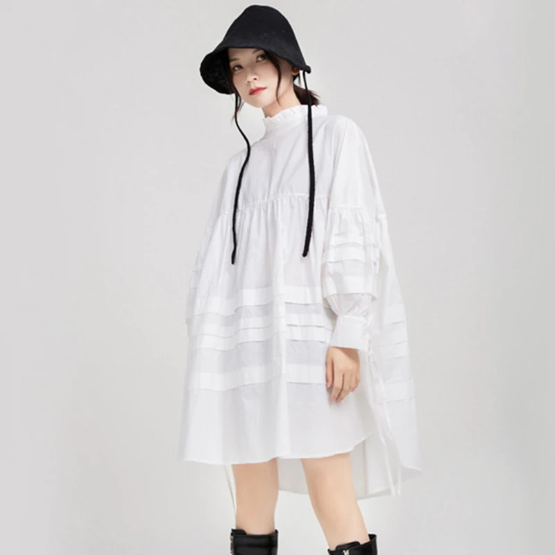 CHICEVER Balta Suknelė Moterims Stovėti Apykakle ilgomis Rankovėmis Megztinis Minimalistinio Negabaritinių Kietas Mini Suknelės Moteris Naujų Drabužių 2021 1
