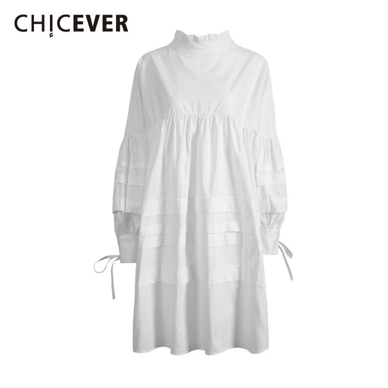 CHICEVER Balta Suknelė Moterims Stovėti Apykakle ilgomis Rankovėmis Megztinis Minimalistinio Negabaritinių Kietas Mini Suknelės Moteris Naujų Drabužių 2021 3