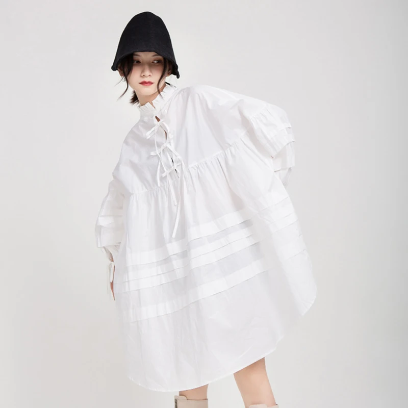 CHICEVER Balta Suknelė Moterims Stovėti Apykakle ilgomis Rankovėmis Megztinis Minimalistinio Negabaritinių Kietas Mini Suknelės Moteris Naujų Drabužių 2021 4