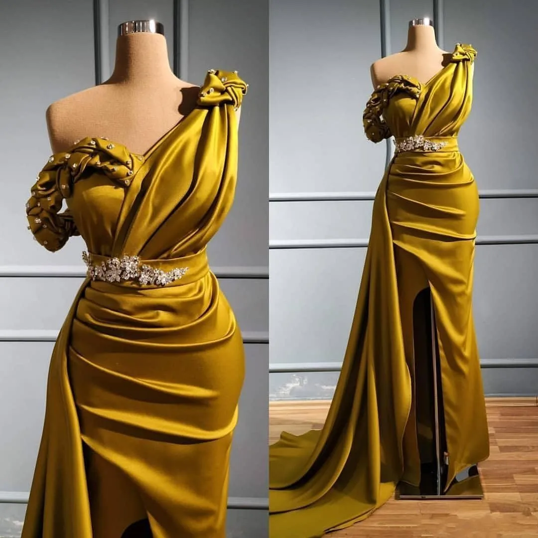2021 Elegantiškas Alyvuogių Žalia Undinė Vakaro Suknelės Vienos Pečių Zawalcowany Blizgančiais Valymo Traukinio Vakare Chalatai Oficialų Suknelė vestidos 1