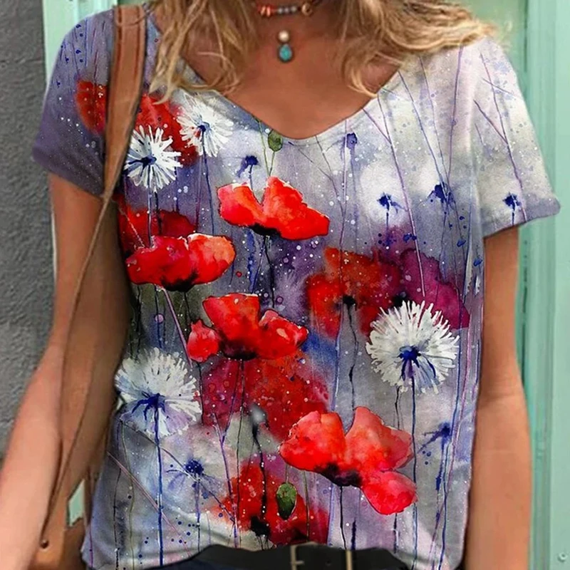 2021 Moterys Vasarą T-Shirt Moterų 3D Gėlių Spausdinti V-Kaklo trumpomis Rankovėmis Ponios Tee Marškinėliai Atsitiktinis Palaidų Negabaritinių Marškinėliai Viršuje T012 5
