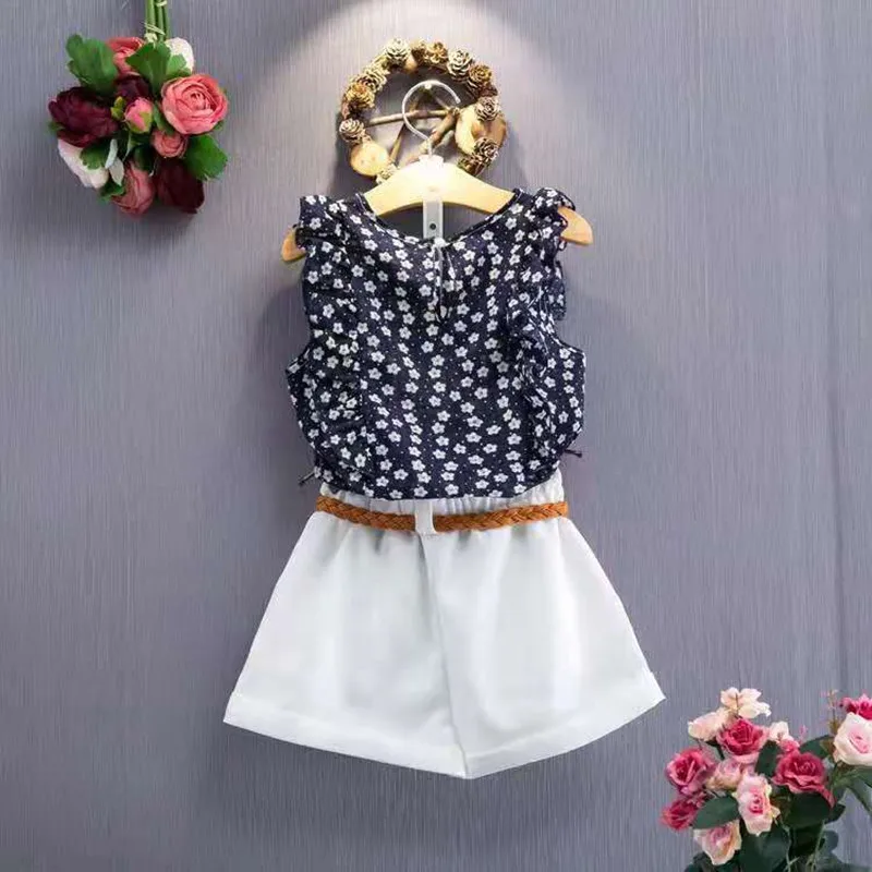Mažmeninės prekybos kūdikių mergaičių drabužius vasarą 2020 merginos aprangos komplektai vaikams, drabužių, Gėlių mergaitė marškinėliai+šortai drabužių rinkiniai 2-9 metų drabužių 2