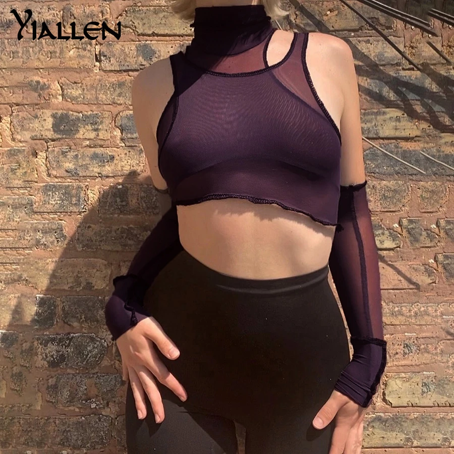 Yiallen Sexy Tinklelio Viršuje Matyti Per Megzti Straped Moterų Tankų 2 Vnt Streetwear Su Pirštines Golfo Clubwear Punk 2021 1