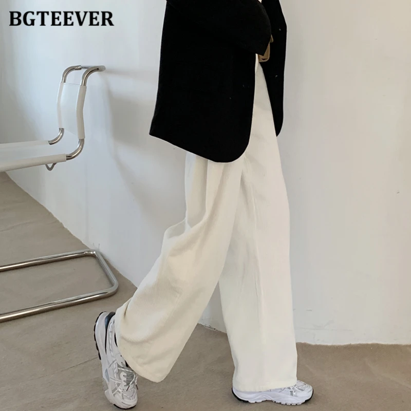 BGTEEVER Atsitiktinis Moterų Velvetas Ilgas Kelnes Elastinga Aukštos Juosmens Kišenę Laisvus Moterų Tiesios Kojos Kelnės 2021 M. Pavasarį Mėlyna Pantalon 4