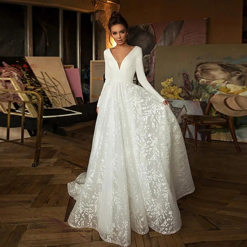 Boho Nėrinių Vestuvių Suknelės 2021 ilgomis Rankovėmis V-kaklo, Boho Vestuvinės Suknelės Satino Backless Balta Vestido de noiva Plius dydis, pagaminti pagal užsakymą, 1