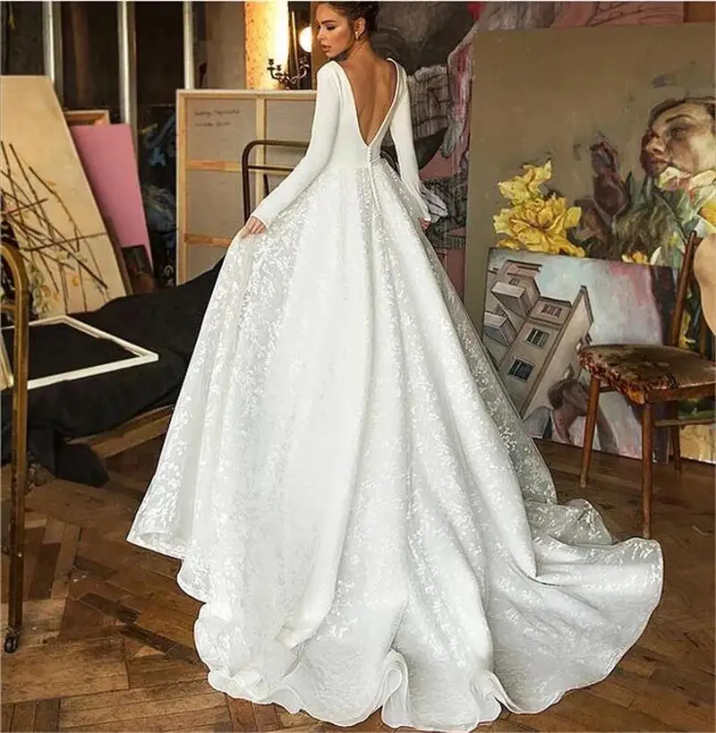 Boho Nėrinių Vestuvių Suknelės 2021 ilgomis Rankovėmis V-kaklo, Boho Vestuvinės Suknelės Satino Backless Balta Vestido de noiva Plius dydis, pagaminti pagal užsakymą, 4