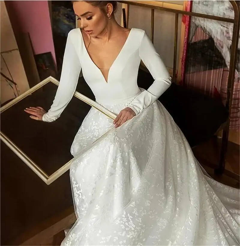 Boho Nėrinių Vestuvių Suknelės 2021 ilgomis Rankovėmis V-kaklo, Boho Vestuvinės Suknelės Satino Backless Balta Vestido de noiva Plius dydis, pagaminti pagal užsakymą, 5