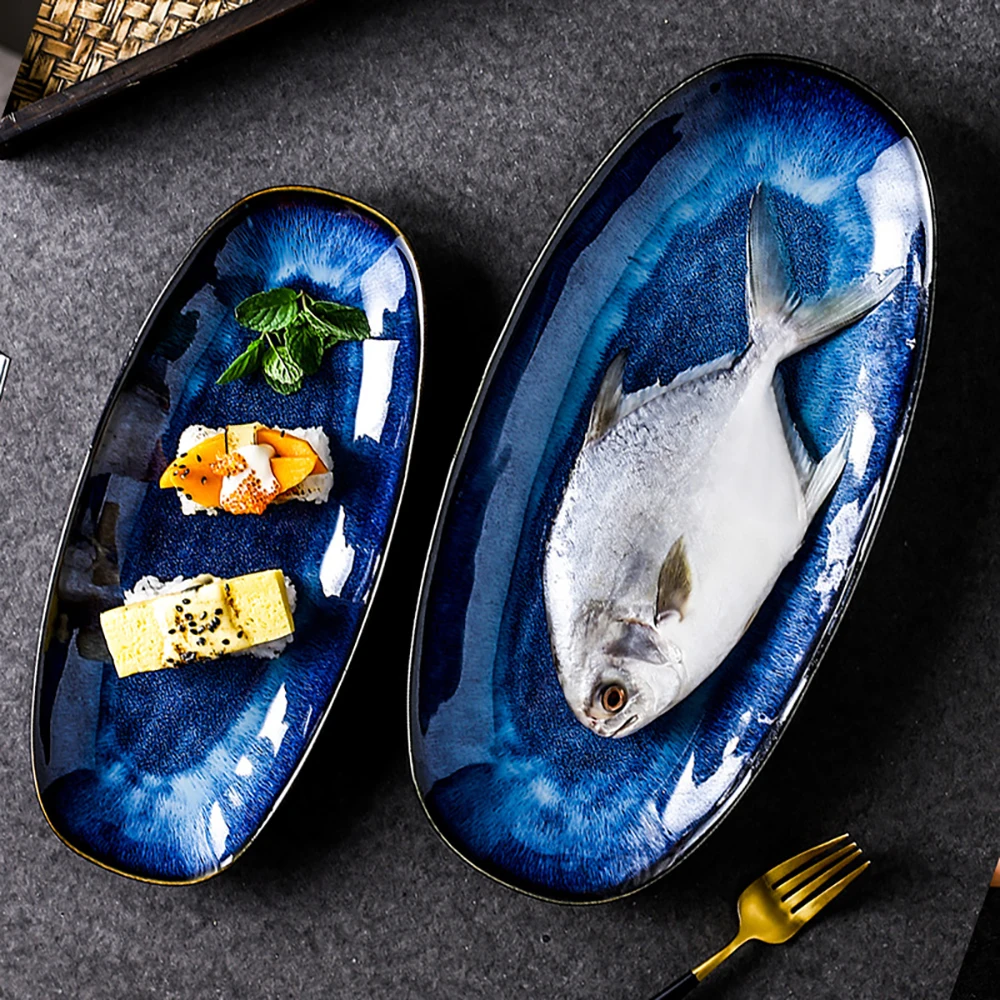 Japonų Stiliaus Krosnies Keitimas Katės Akis Mėlyna Žuvis Plokštė Namų Virtos Žuvies Plokštė Didelis Glazūra Spalva Kūrybos Suši Plokštės, Stalo Reikmenys 0