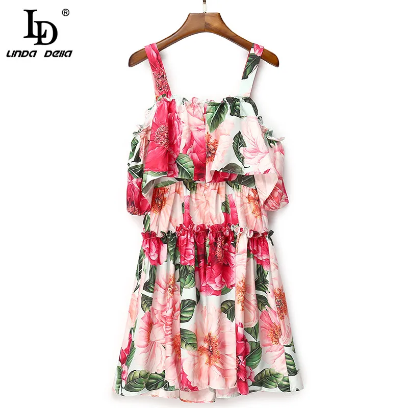 LD LINDA DELLA Naujas 2021 Moterų Vasaros Mados kilimo ir tūpimo Tako Trumpa Suknelė Elegantiška Skara Spageti Dirželis Gėlių spausdinti Atostogų Mini Suknelė 2