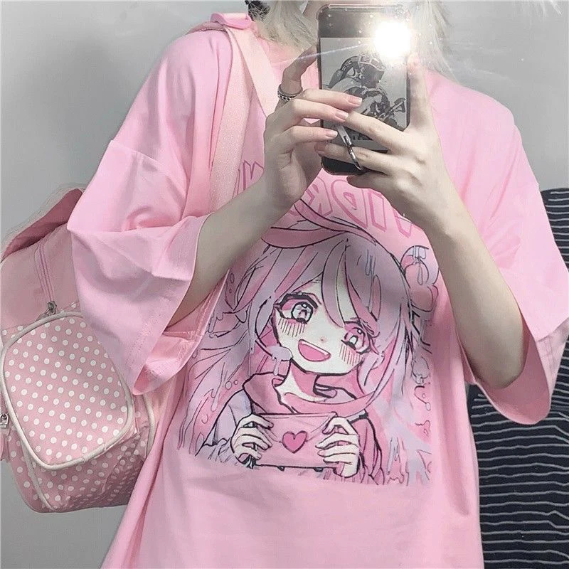 Kawaii Anime Harajuku Viršuje y2k Rožinė Atsitiktinis Palaidų trumpomis Rankovėmis T-shirt In Vasaros Moterų Drabužių Streetwear Negabaritinių marškinėliai Topai 2