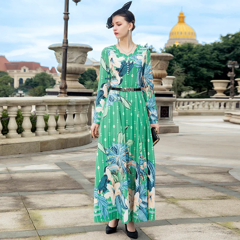 2021 m. Pavasarį, Rudenį Bohemijos Ilga Suknelė ilgomis Rankovėmis Atspausdintas Suknelė Žalia Gėlės Plus Size Vakaro Drabužiai DZ2611 1