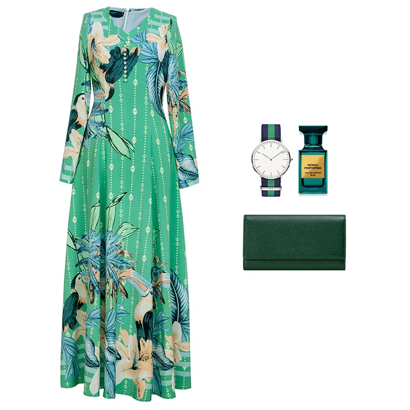 2021 m. Pavasarį, Rudenį Bohemijos Ilga Suknelė ilgomis Rankovėmis Atspausdintas Suknelė Žalia Gėlės Plus Size Vakaro Drabužiai DZ2611 2