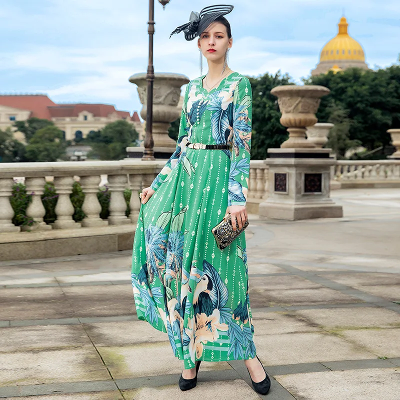 2021 m. Pavasarį, Rudenį Bohemijos Ilga Suknelė ilgomis Rankovėmis Atspausdintas Suknelė Žalia Gėlės Plus Size Vakaro Drabužiai DZ2611 3