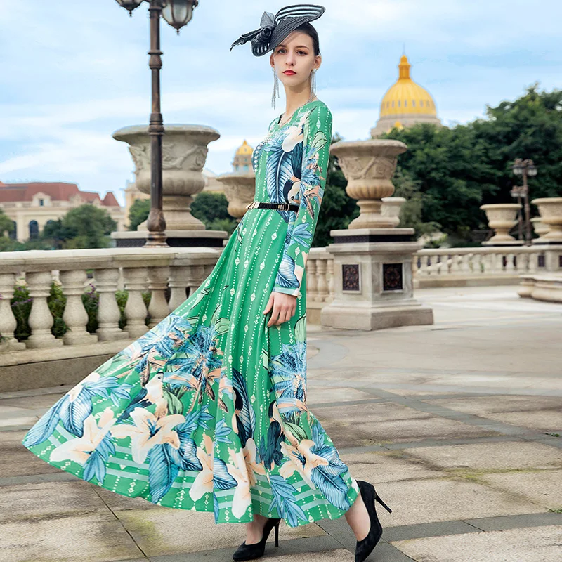 2021 m. Pavasarį, Rudenį Bohemijos Ilga Suknelė ilgomis Rankovėmis Atspausdintas Suknelė Žalia Gėlės Plus Size Vakaro Drabužiai DZ2611 4