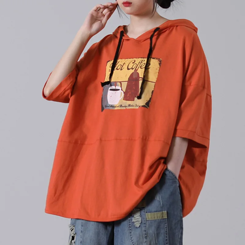 Max LuLu 2021 korėjos Vasaros Mados Ponios Atsitiktinis Spausdinti Gobtuvu Tees Laisvi Moteriški Laisvalaikio marškinėliai Mergaitėms Negabaritinių Orange Viršūnės 0