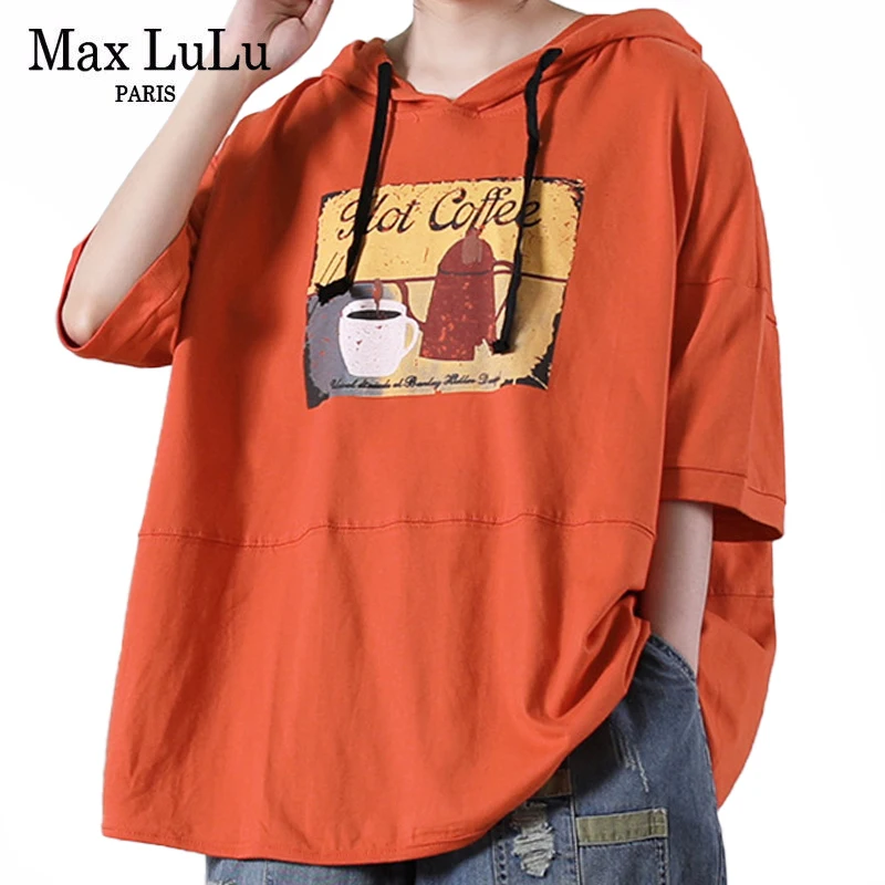 Max LuLu 2021 korėjos Vasaros Mados Ponios Atsitiktinis Spausdinti Gobtuvu Tees Laisvi Moteriški Laisvalaikio marškinėliai Mergaitėms Negabaritinių Orange Viršūnės 3