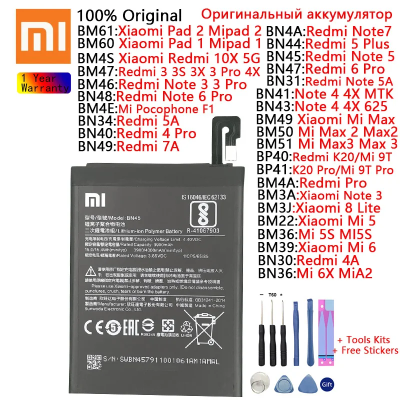 Originalus Baterijos Xiaomi Redmi Pastaba 3 4 4 5 5A 6 Pro 7 Redmi 3S 3 VNT. 4A 5 Plius 7A K20 Mi 6 6X MiA2 8 Lite 9T Pro F1 Max 2 3