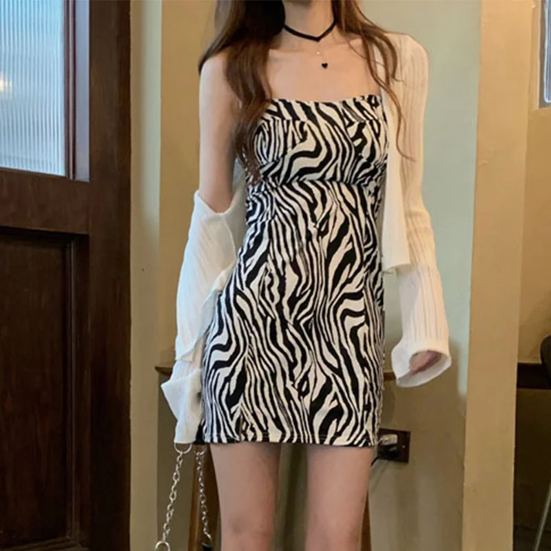 Moterų 2021 Seksualus Spageti Dirželis Mados Zebras Spausdinti Mini Suknelė Vintage Backless Plonas Dirželiai Moterų Padalinta Suknelės Vestidos 1