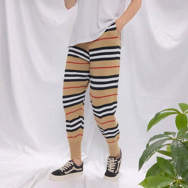 Moterų Britų Stiliaus Chaki Haremo Kelnės, Dryžuotas Capri, Megzti, Atsitiktinis, Aukštos Juosmens, Palaidi Kojos, Sportas 2