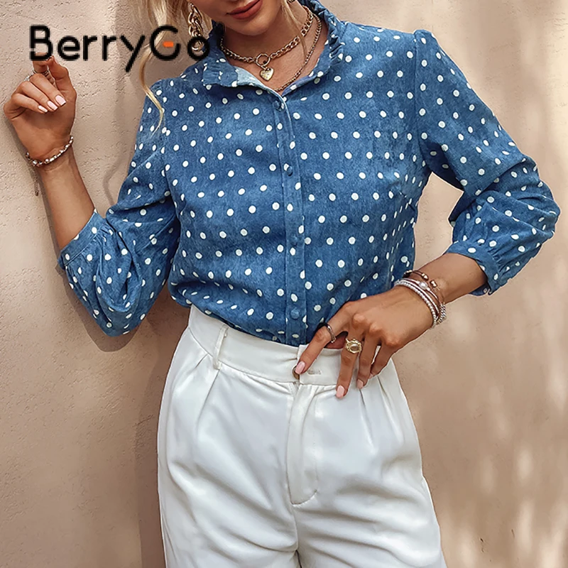 BerryGo Office Lady Golfo Kropkowany Moterų Blue Marškinėliai Rudenį Priežastinis Ponios Liesas Viršuje Moterų Reguliariai Rankovėmis Palaidinė 2021 1