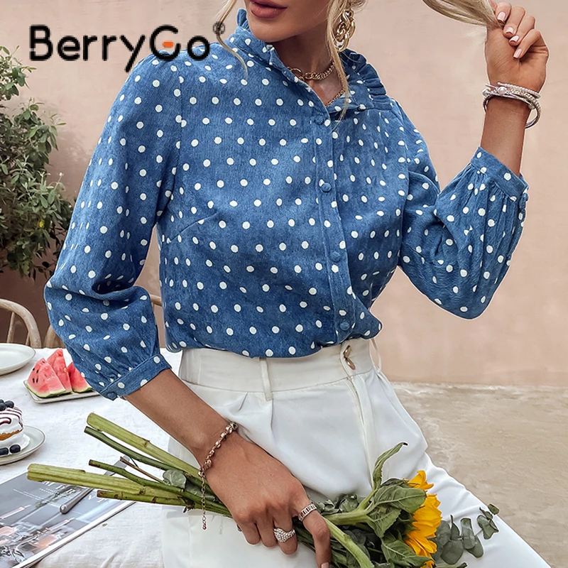 BerryGo Office Lady Golfo Kropkowany Moterų Blue Marškinėliai Rudenį Priežastinis Ponios Liesas Viršuje Moterų Reguliariai Rankovėmis Palaidinė 2021 3