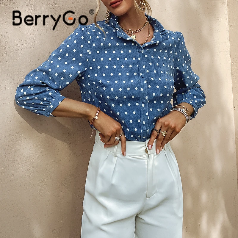 BerryGo Office Lady Golfo Kropkowany Moterų Blue Marškinėliai Rudenį Priežastinis Ponios Liesas Viršuje Moterų Reguliariai Rankovėmis Palaidinė 2021 4