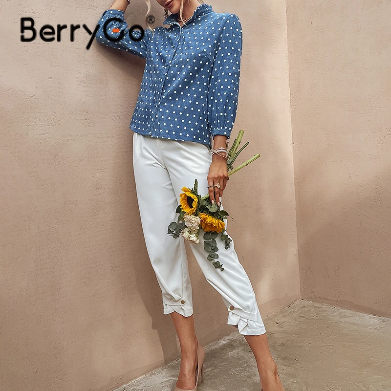 BerryGo Office Lady Golfo Kropkowany Moterų Blue Marškinėliai Rudenį Priežastinis Ponios Liesas Viršuje Moterų Reguliariai Rankovėmis Palaidinė 2021 5