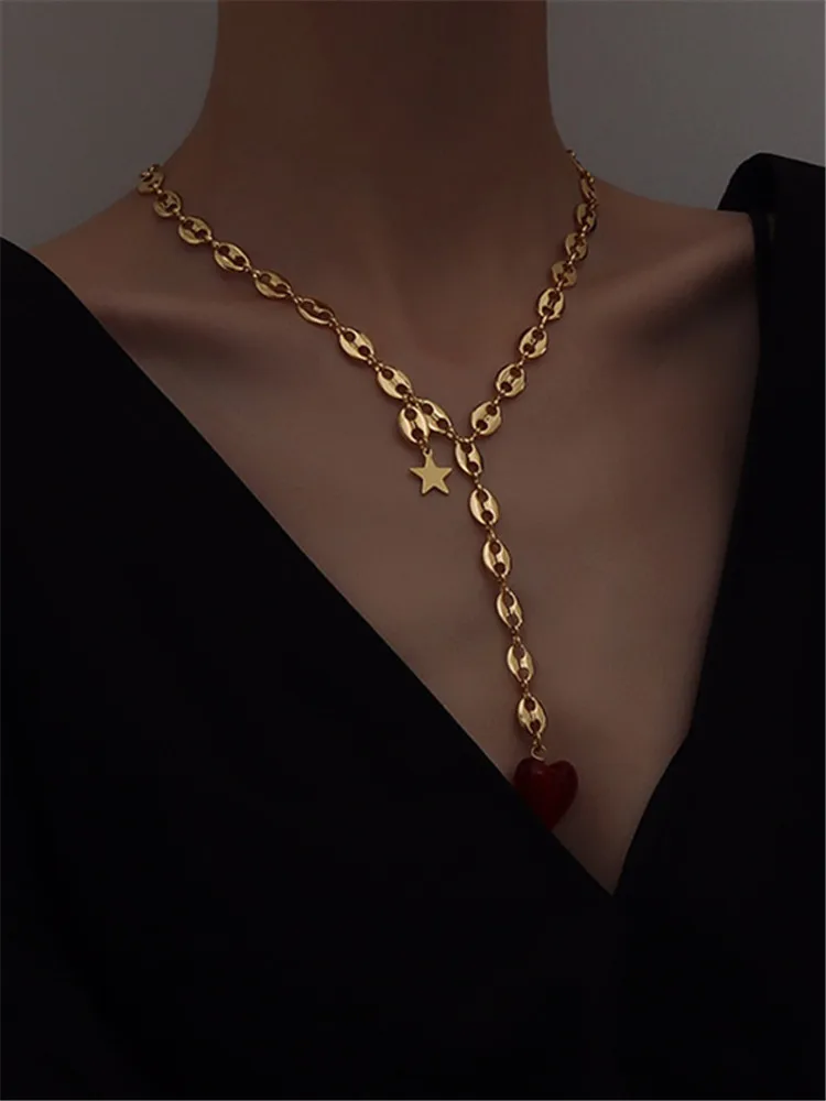 Kshmir Retro naujas metalo aukso raudona širdies pakabukas karoliai moteris banga raktikaulis megztinis grandinės, papuošalai, dovanos, didmeninė 2021 1