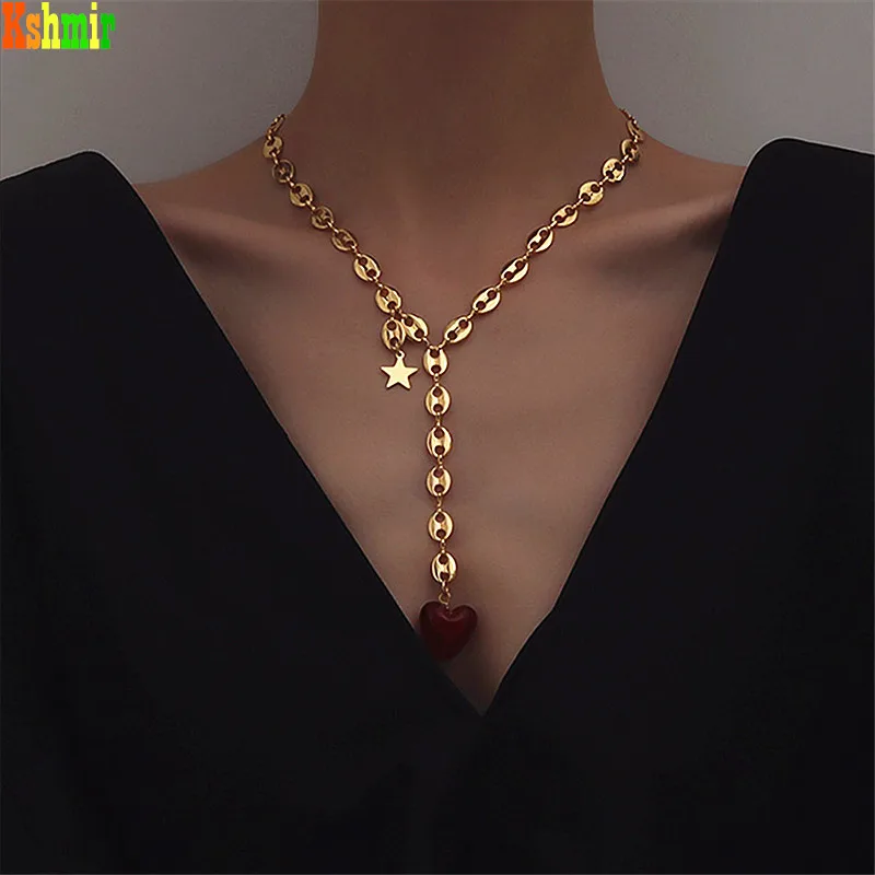 Kshmir Retro naujas metalo aukso raudona širdies pakabukas karoliai moteris banga raktikaulis megztinis grandinės, papuošalai, dovanos, didmeninė 2021 4
