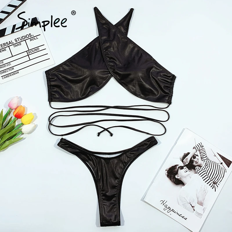 Simplee Derliaus apynasrio maudymosi kostiumėlį moteris Kietas juodas bikini komplektas Nėrinių maudymosi kostiumėliai moterims, Aukštos sumažinti besimaudančių maudymosi kostiumą, Thong bikini 5