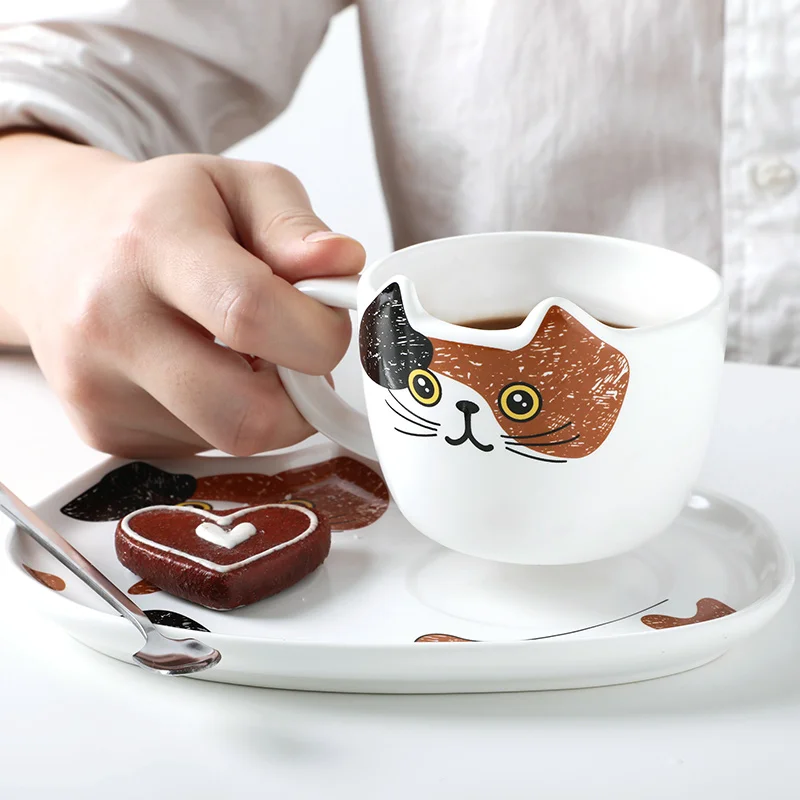 BOUSSAAC Cute Kačių Keramikos Kavos Puodelis Nustatyti Rankena Gyvūnų Puodeliai Su padėklu Kūrybos Drinkware Arbatos Puodeliai Naujovė Pieno Taurės Pusryčiai 0