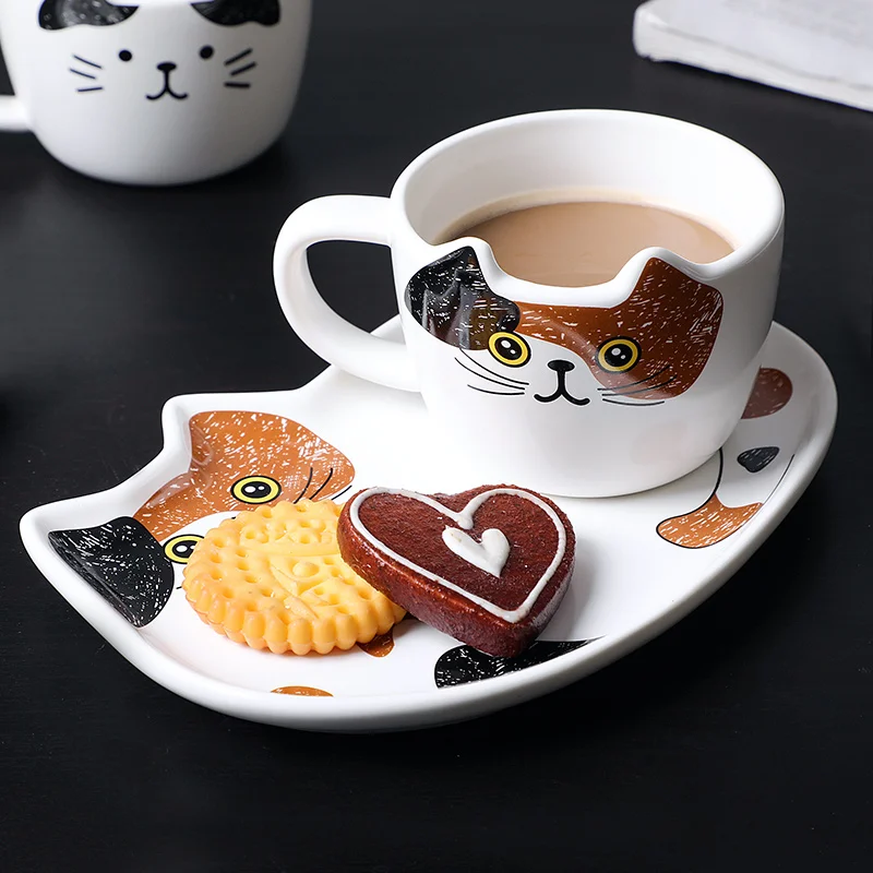 BOUSSAAC Cute Kačių Keramikos Kavos Puodelis Nustatyti Rankena Gyvūnų Puodeliai Su padėklu Kūrybos Drinkware Arbatos Puodeliai Naujovė Pieno Taurės Pusryčiai 2