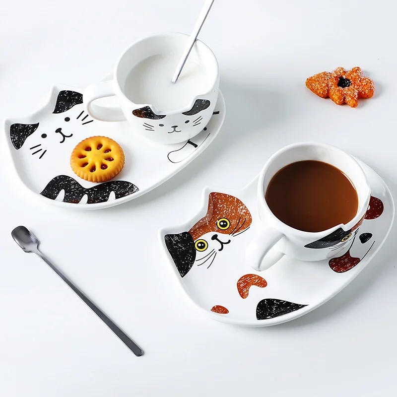 BOUSSAAC Cute Kačių Keramikos Kavos Puodelis Nustatyti Rankena Gyvūnų Puodeliai Su padėklu Kūrybos Drinkware Arbatos Puodeliai Naujovė Pieno Taurės Pusryčiai 4