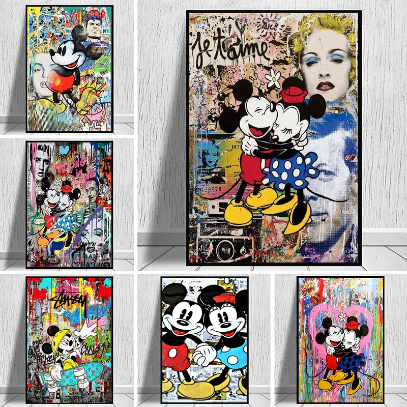 Disney Mickey ir Minnie Grafiti Meno Tapybos Drobės Gatvės Meno Plakatas ir Spausdinimo Sienos Meno Nuotrauką Kambarį Namų Dekoro 0