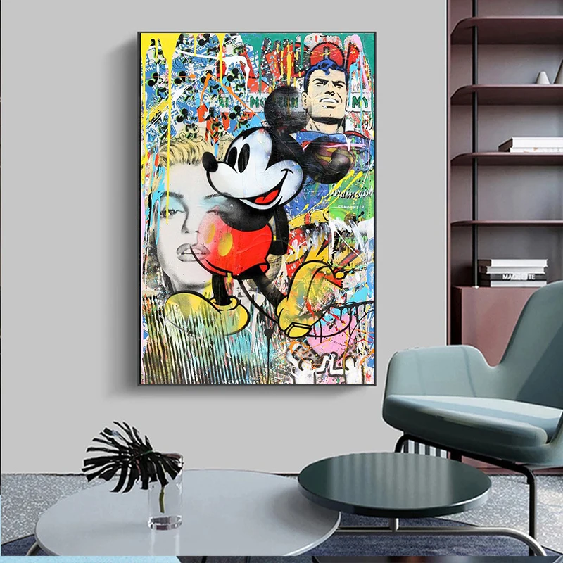 Disney Mickey ir Minnie Grafiti Meno Tapybos Drobės Gatvės Meno Plakatas ir Spausdinimo Sienos Meno Nuotrauką Kambarį Namų Dekoro 1