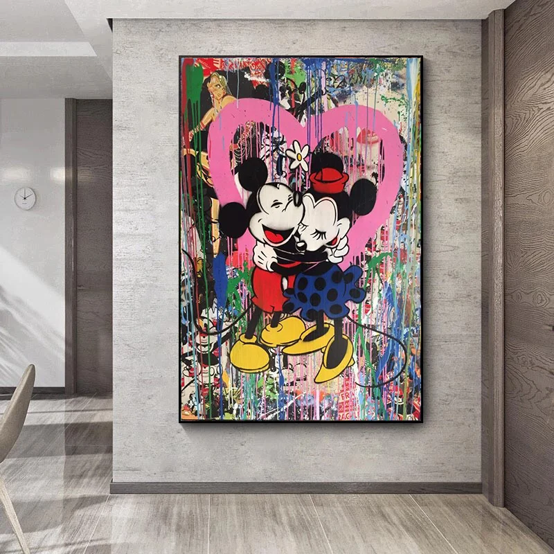 Disney Mickey ir Minnie Grafiti Meno Tapybos Drobės Gatvės Meno Plakatas ir Spausdinimo Sienos Meno Nuotrauką Kambarį Namų Dekoro 3