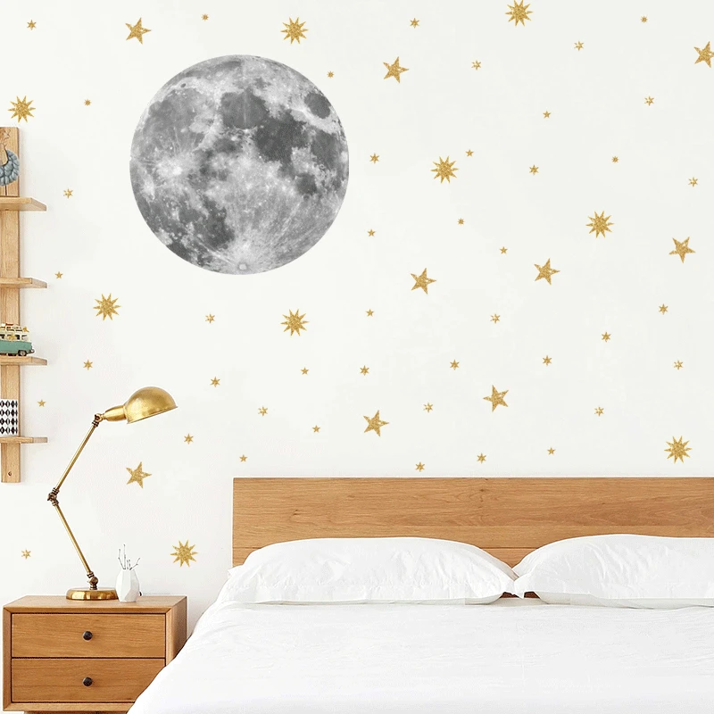 Žalia mėnulio sienų lipduko vaikų kambario kambarį sienų dekoras aukso spalvos žvaigždžių vinilo lipdukai spausdinti tapetai namų dekoro plakatus freskomis 3