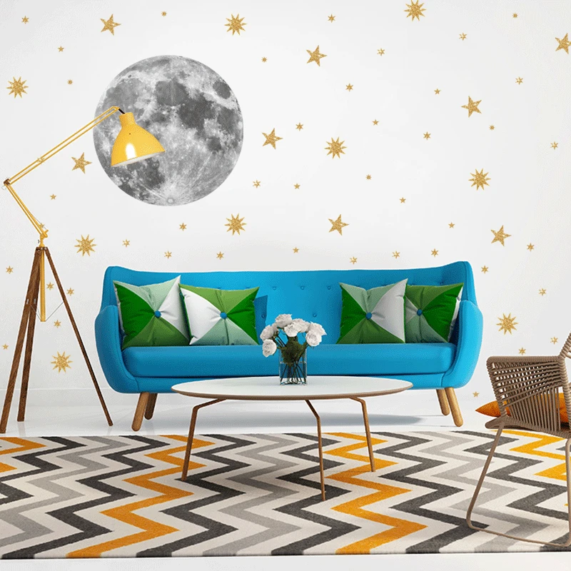 Žalia mėnulio sienų lipduko vaikų kambario kambarį sienų dekoras aukso spalvos žvaigždžių vinilo lipdukai spausdinti tapetai namų dekoro plakatus freskomis 4