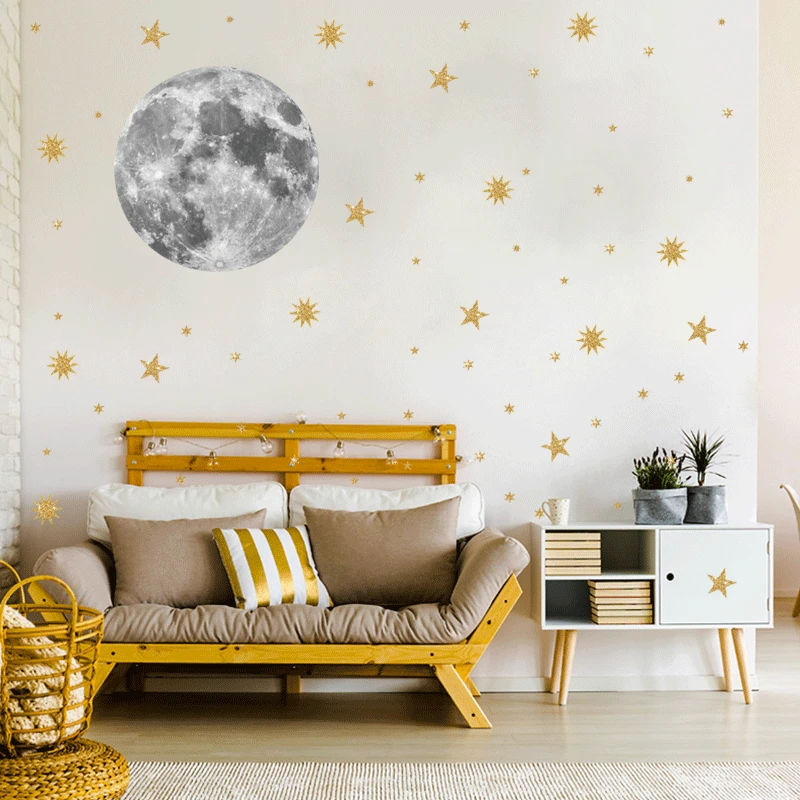 Žalia mėnulio sienų lipduko vaikų kambario kambarį sienų dekoras aukso spalvos žvaigždžių vinilo lipdukai spausdinti tapetai namų dekoro plakatus freskomis 5