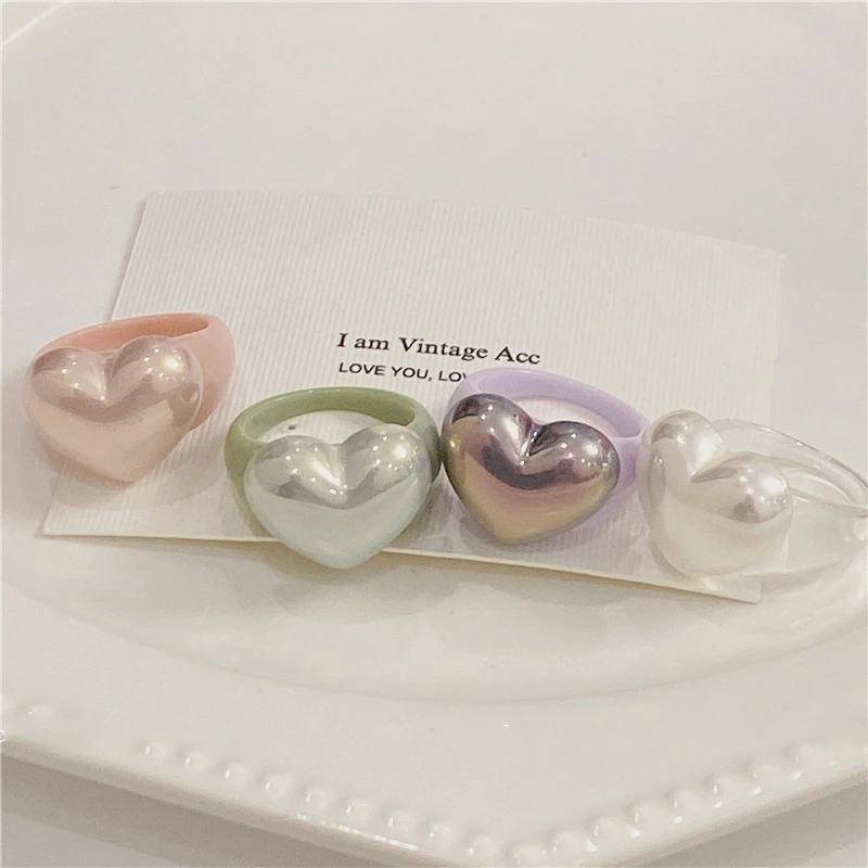 Korėjos Mados Spalvinga Dervos Širdies Žiedai Moteris, Mergina, Mielas Mielas Akrilo Stambusis Žiedai, Papuošalai 2021 5