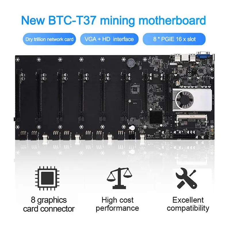 BTC-T37 Miner Plokštė, Nustatyti 8 Vaizdo Kortelės Lizdai, DDR3 Atminties, Borto VGA sąsaja, Mažas energijos suvartojimas 1