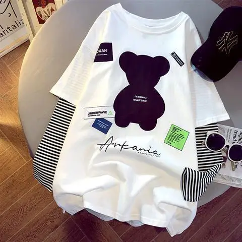 2021 m. Pavasario Vasaros Naują Harajuku Stiliaus Dėžutėje Spausdinti Prarasti Apsidraudimo Juostele Susiuvimo Netikrą Dviejų dalių ilgomis rankovėmis T-shirt Moterims 2