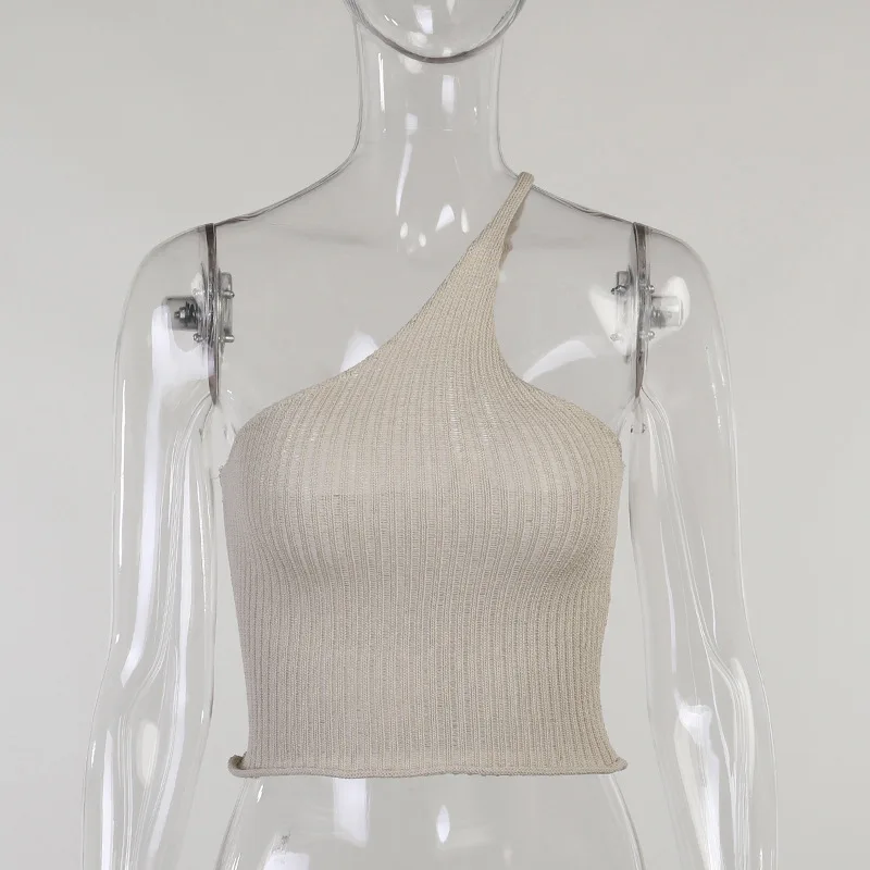 Sexy Vasaros Megzti Pasėlių Viršuje Moterų 2020 M. Elegantiškas Vieno Peties Balta Žalia Pagrindinio Streetwear Mezgimo Briaunoti Viršūnes Camisole 0
