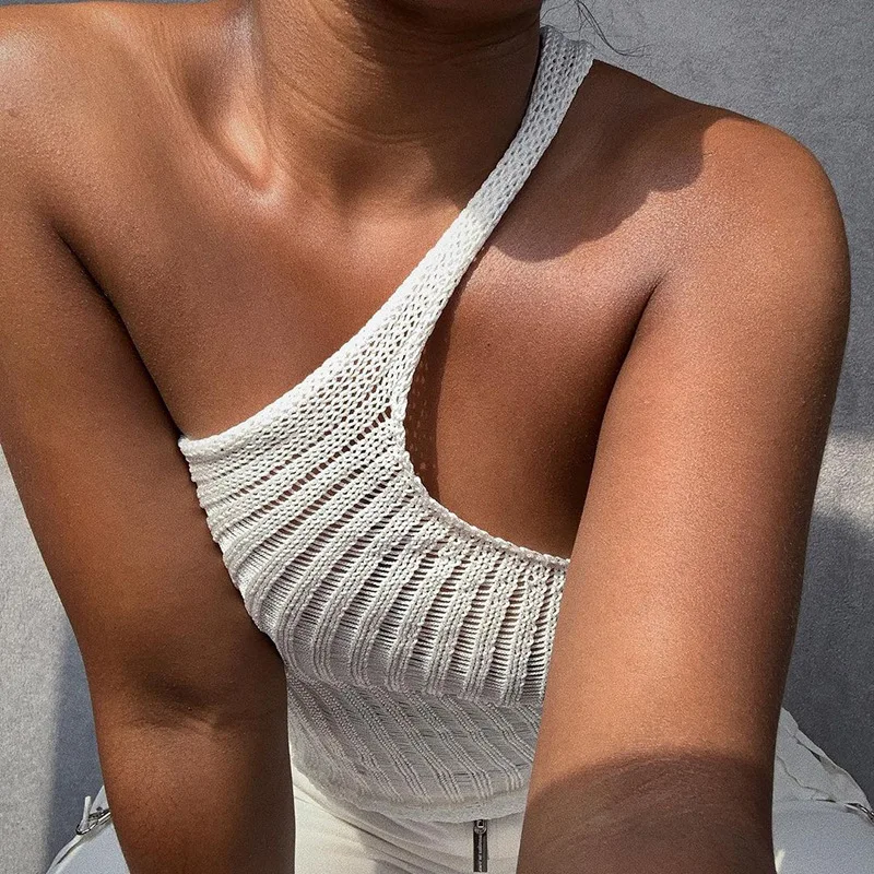 Sexy Vasaros Megzti Pasėlių Viršuje Moterų 2020 M. Elegantiškas Vieno Peties Balta Žalia Pagrindinio Streetwear Mezgimo Briaunoti Viršūnes Camisole 1