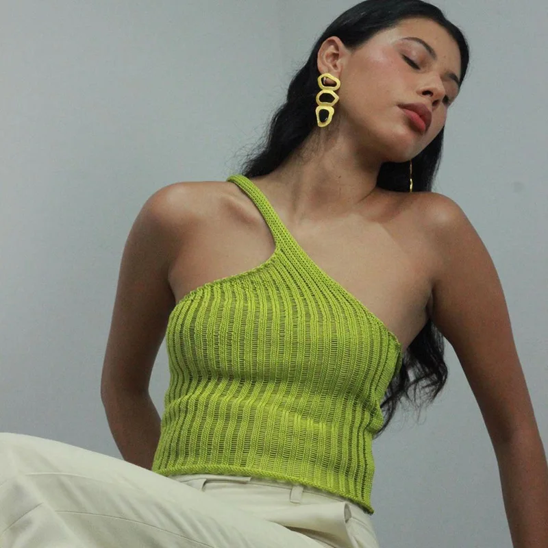 Sexy Vasaros Megzti Pasėlių Viršuje Moterų 2020 M. Elegantiškas Vieno Peties Balta Žalia Pagrindinio Streetwear Mezgimo Briaunoti Viršūnes Camisole 2