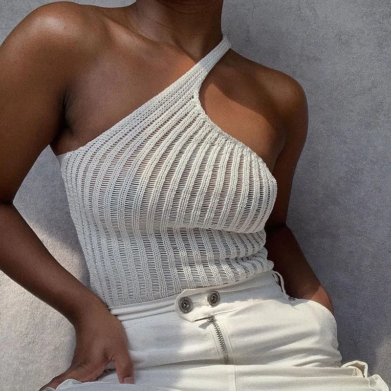 Sexy Vasaros Megzti Pasėlių Viršuje Moterų 2020 M. Elegantiškas Vieno Peties Balta Žalia Pagrindinio Streetwear Mezgimo Briaunoti Viršūnes Camisole 5