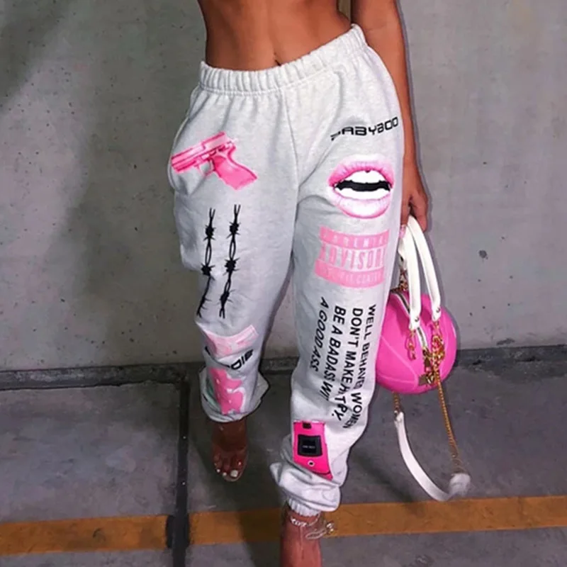 Naujas Grafinis Hip-Hop Kelnes Streetwear Moterų Sweatpants 2021 M. Vasaros Atsitiktinis Poilsiu Kelnės Moteriška Aukštos Juosmens, Palaidi Apačioje Kelnės 3