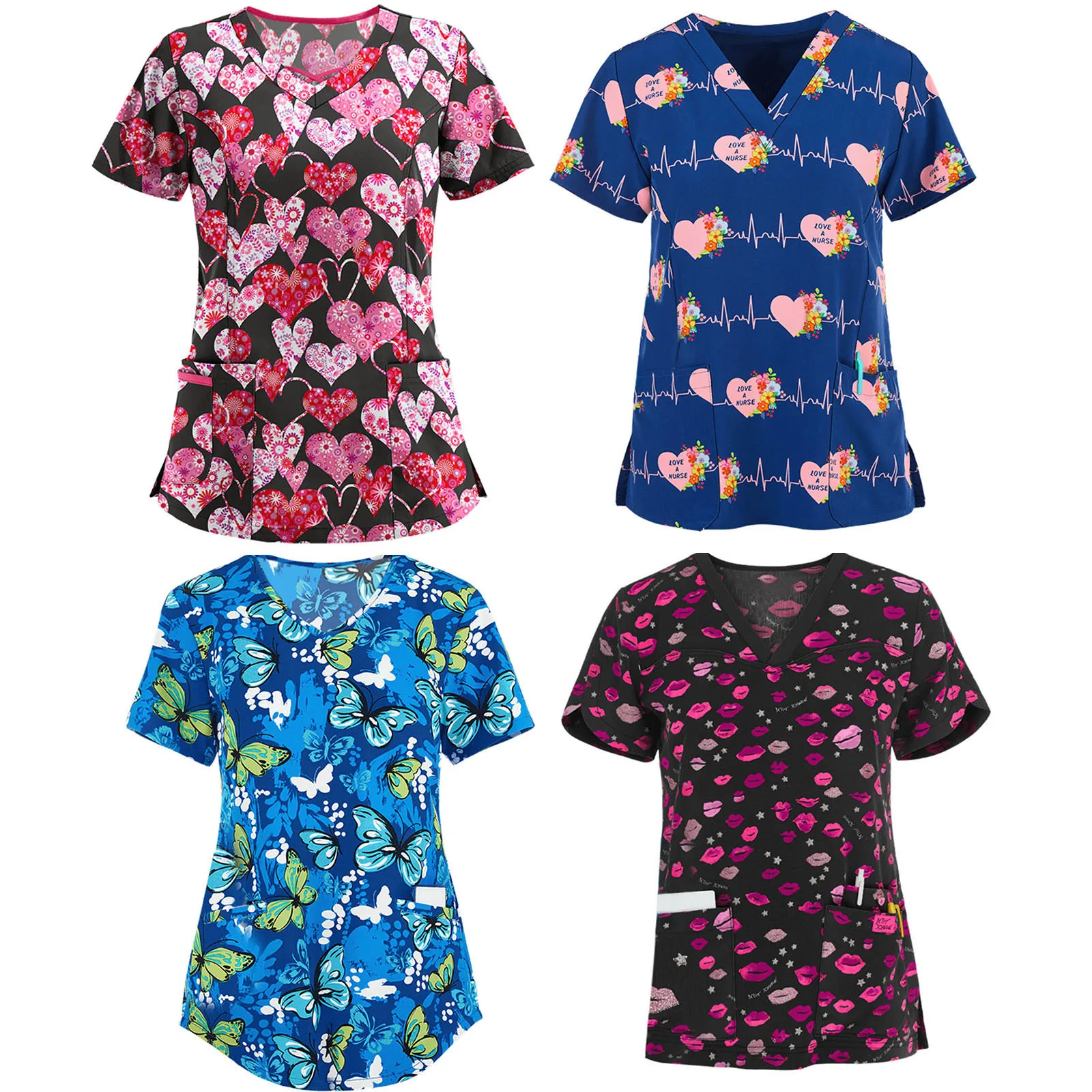 Mados Vasaros 2021 Moterų drabužių trumpomis Rankovėmis V-kaklo Viršaus Darbo Vienodas Animacinių filmų Spausdinimo Palaidinė slaugytoja priedai t-shirts 0