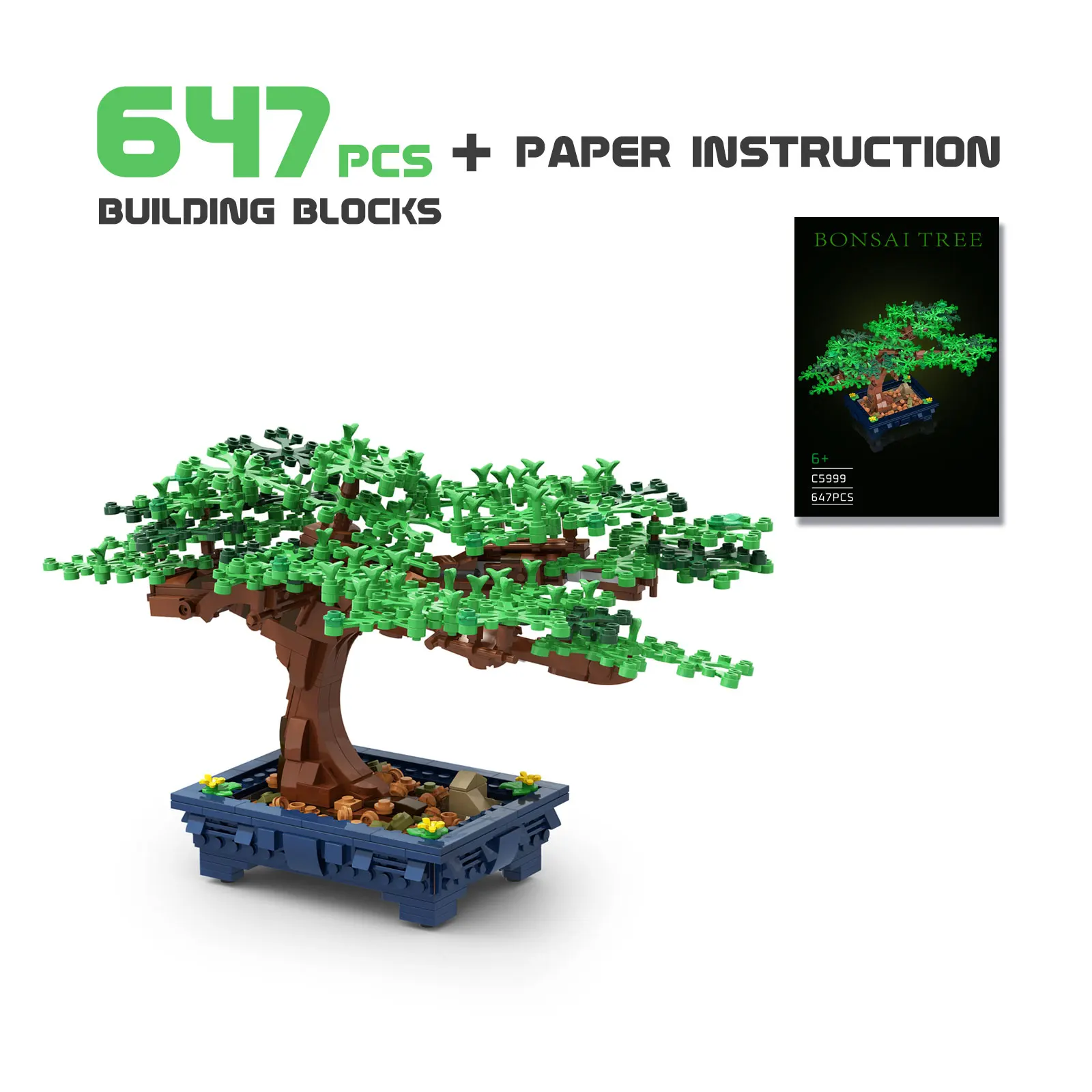 647pcs NAUJAS Bonsai Medis Žalias Krūmas, Gėlė, Žolė Augalų Modelis Ornamentu Statyba Blokai, Plytos 
