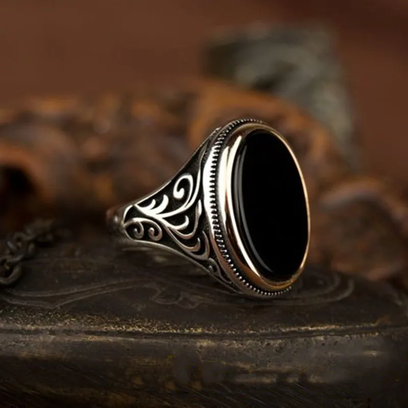 Steampunk Unikali Sidabro Padengtą Žiedas Vintage Black Ovalo formos Akmens Žiedai Vyrams, Išraižytas Modelio Dizainas bižuterijos Naujas 1